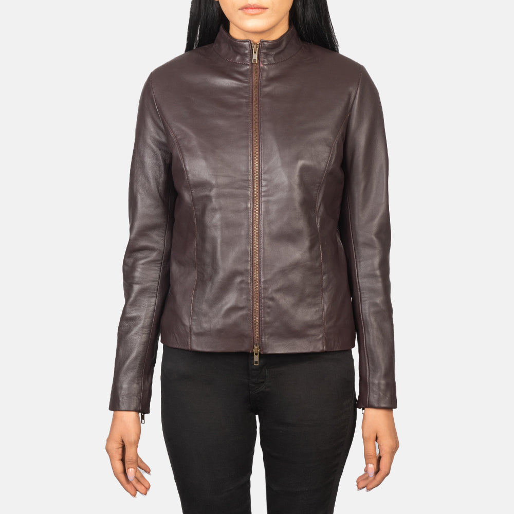 Rumella Maroon Leather Biker Jacket - women's jacket in maroon sheepskin leather, view 4