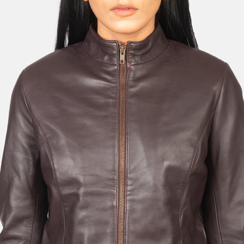 Rumella Maroon Leather Biker Jacket - women's jacket in maroon sheepskin leather, view 6
