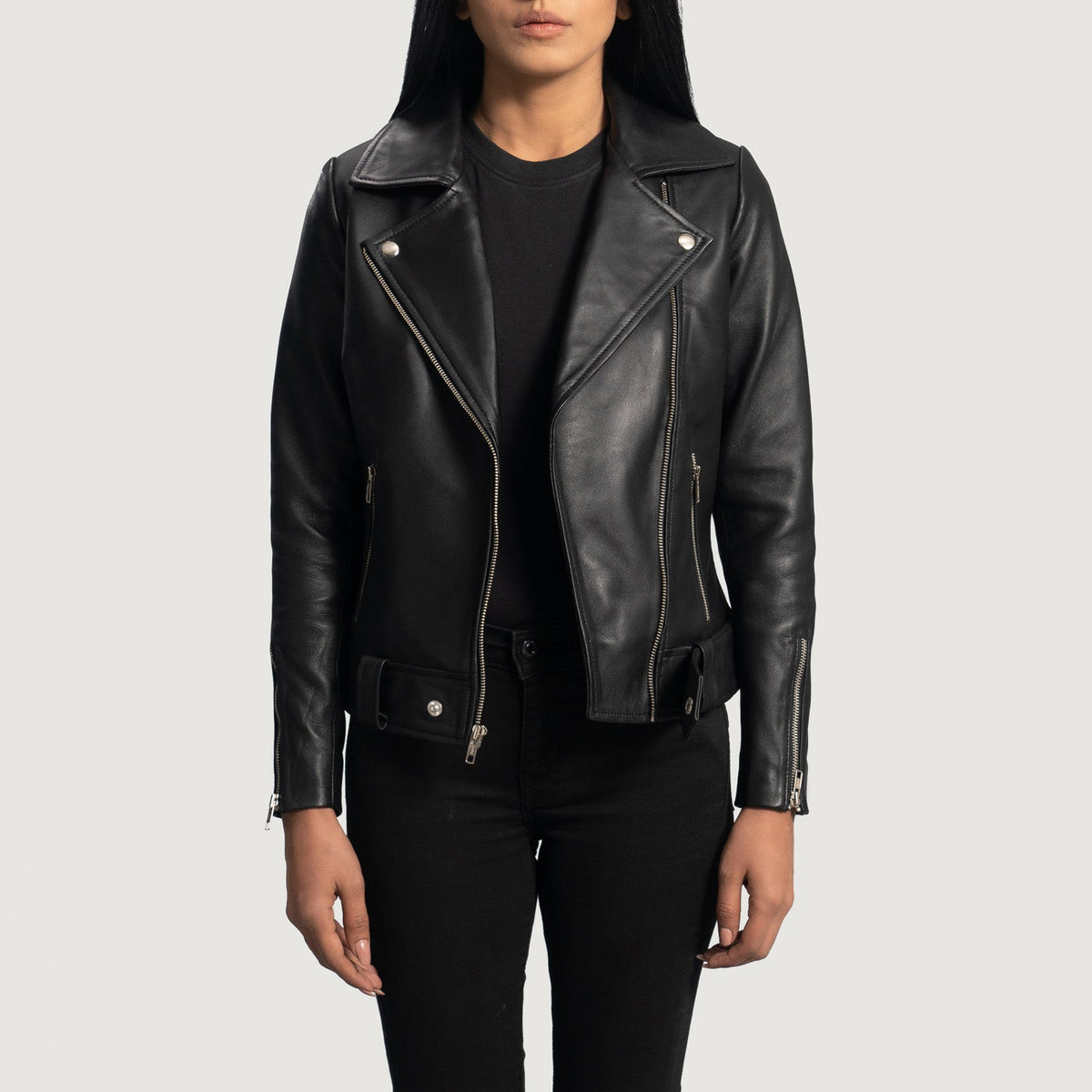 Rumy Black Leather Biker Jacket - women's jacket in black sheepskin leather, view 1