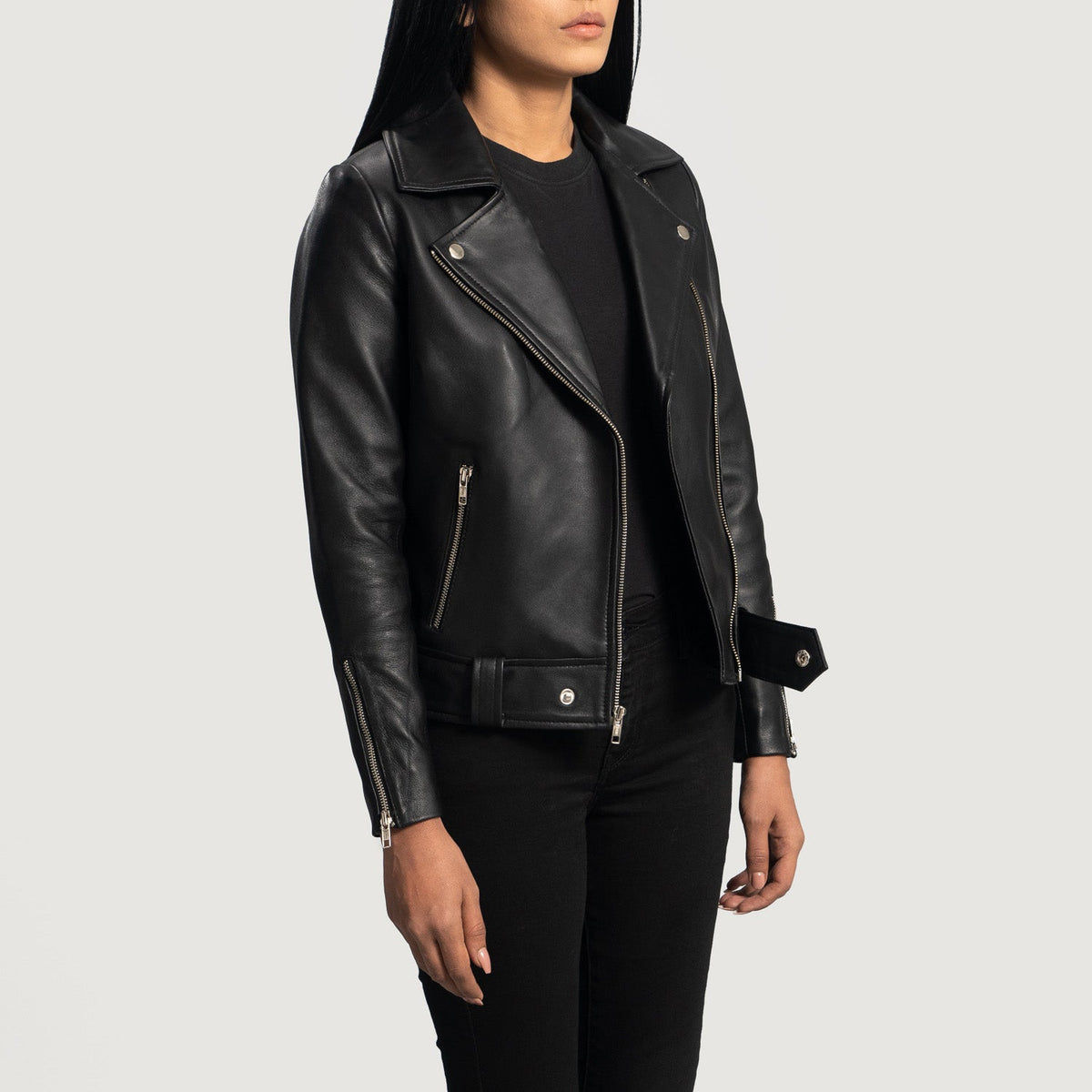 Rumy Black Leather Biker Jacket - women's jacket in black sheepskin leather, view 2