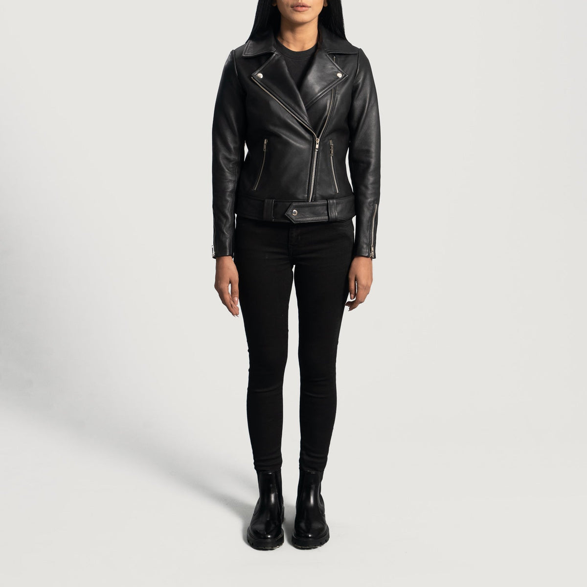 Rumy Black Leather Biker Jacket - women's jacket in black sheepskin leather, view 3