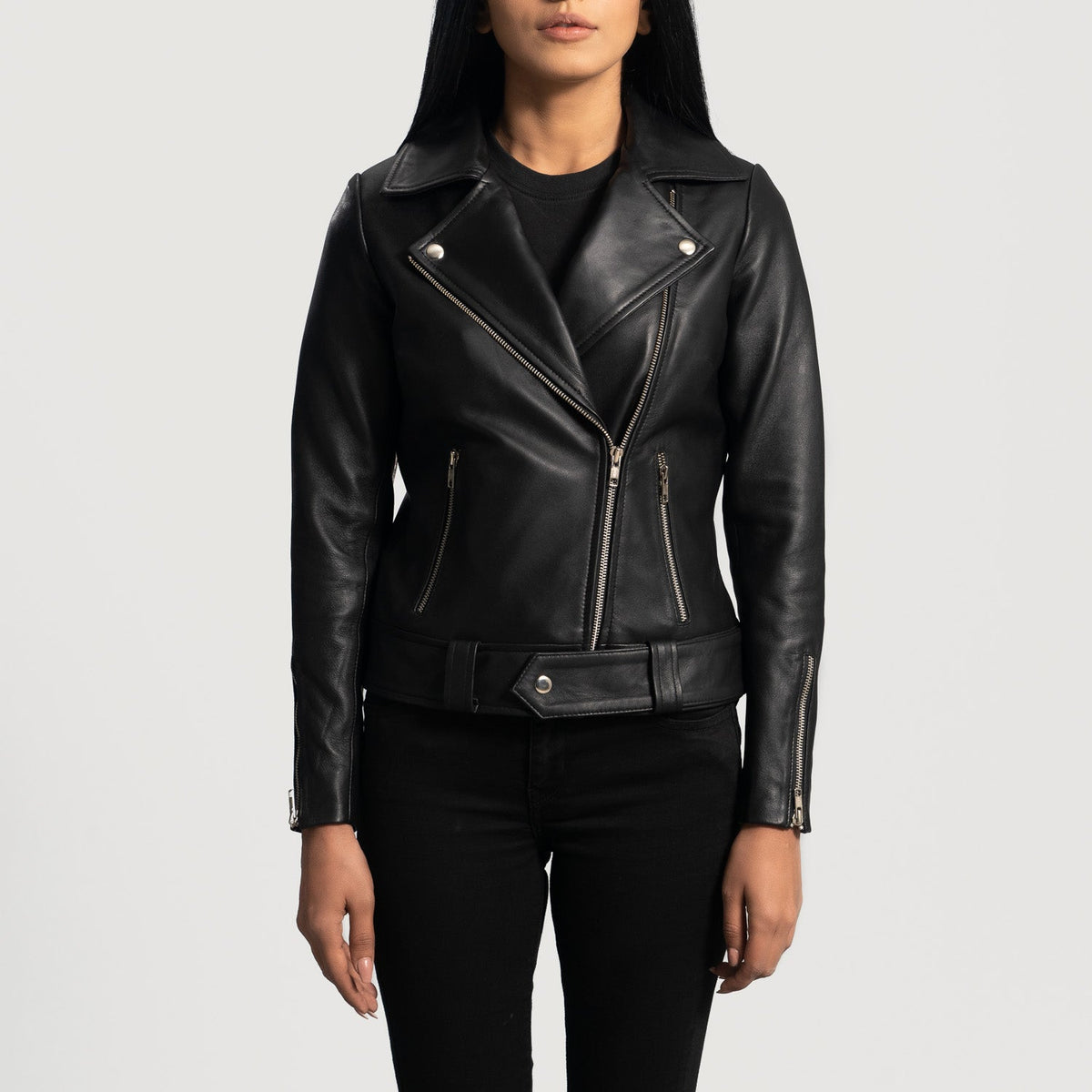Rumy Black Leather Biker Jacket - women's jacket in black sheepskin leather, view 4