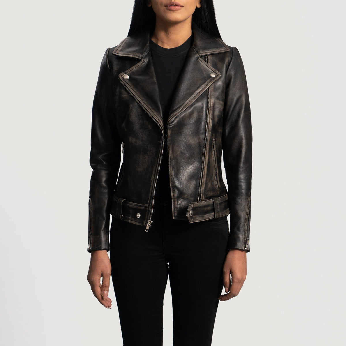 Rumy Distressed Brown Leather Biker Jacket - women's jacket in brown sheepskin leather, view 1