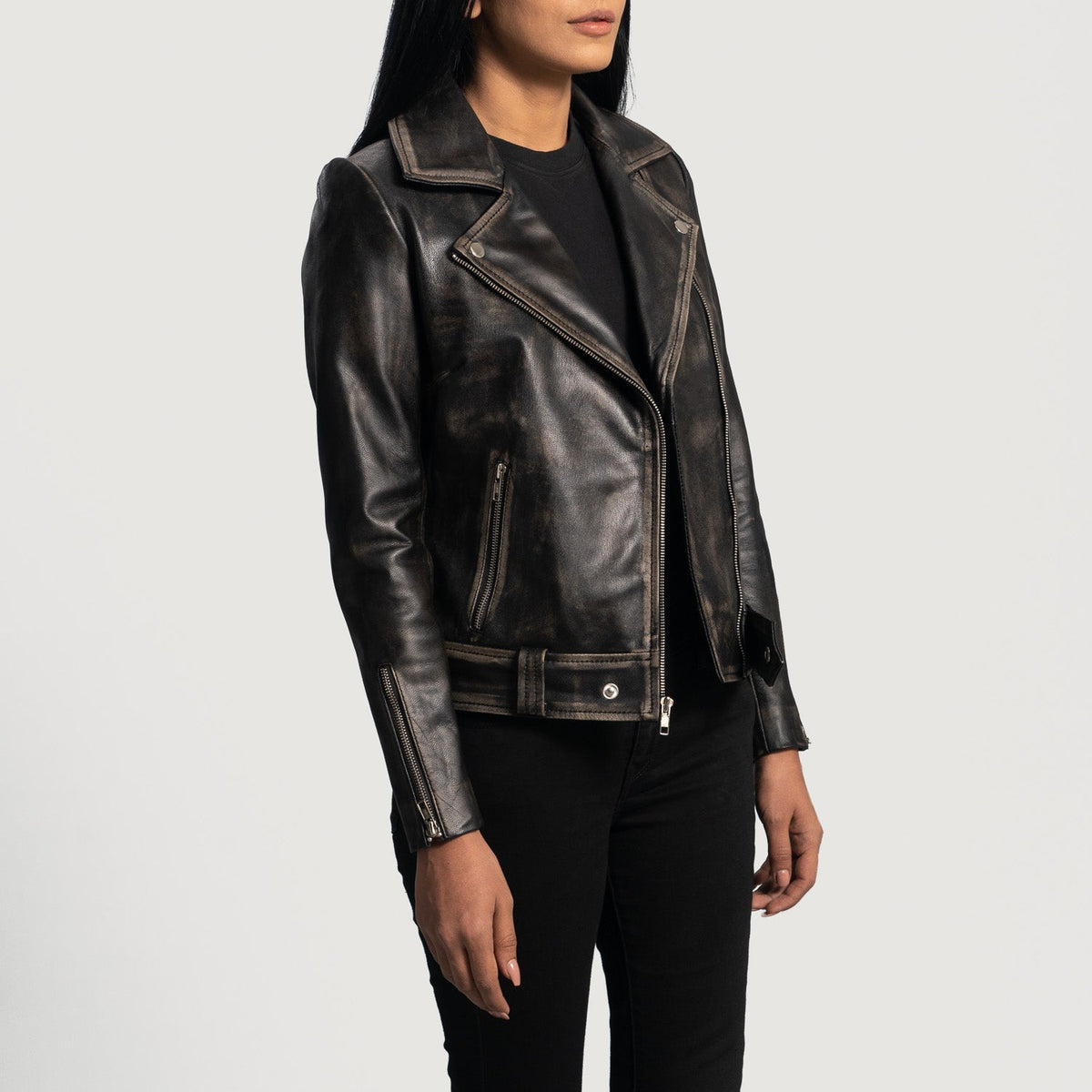 Rumy Distressed Brown Leather Biker Jacket - women's jacket in brown sheepskin leather, view 2