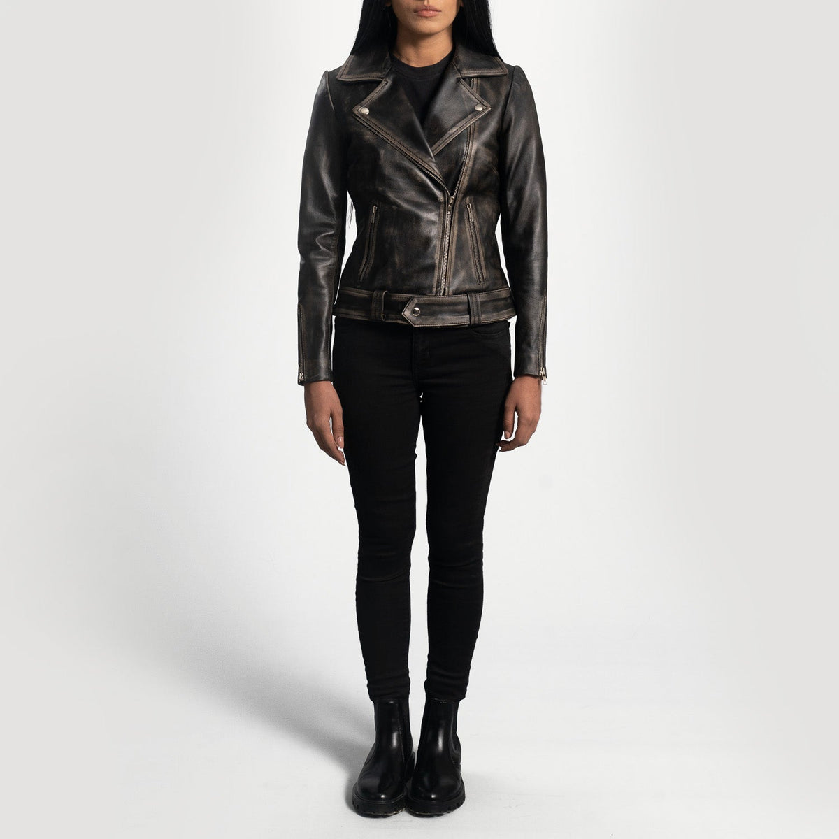 Rumy Distressed Brown Leather Biker Jacket - women's jacket in brown sheepskin leather, view 3