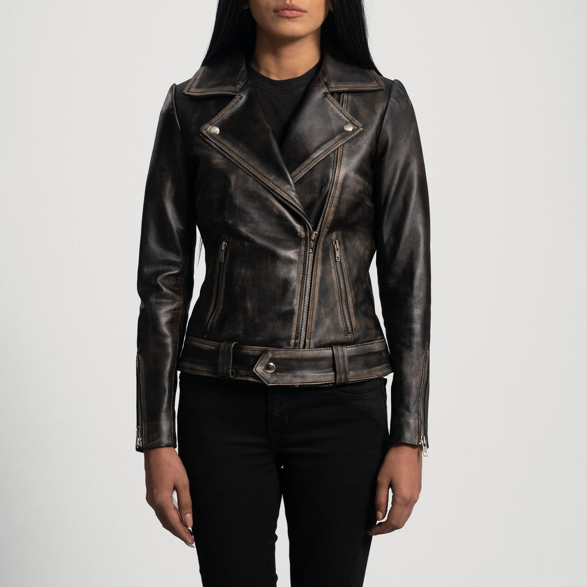 Rumy Distressed Brown Leather Biker Jacket - women's jacket in brown sheepskin leather, view 4