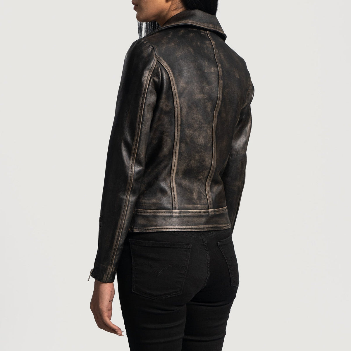 Rumy Distressed Brown Leather Biker Jacket - women's jacket in brown sheepskin leather, view 5