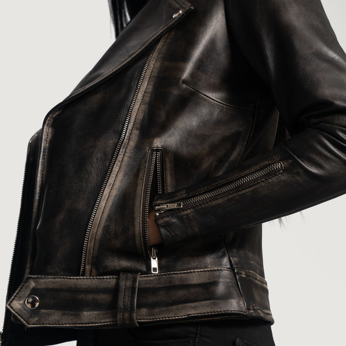 Rumy Distressed Brown Leather Biker Jacket - women's jacket in brown sheepskin leather, view 6