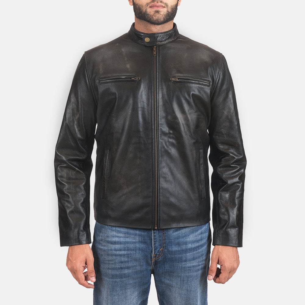 Rustic Black Leather Biker Jacket - men's jacket in black sheepskin leather, view 1