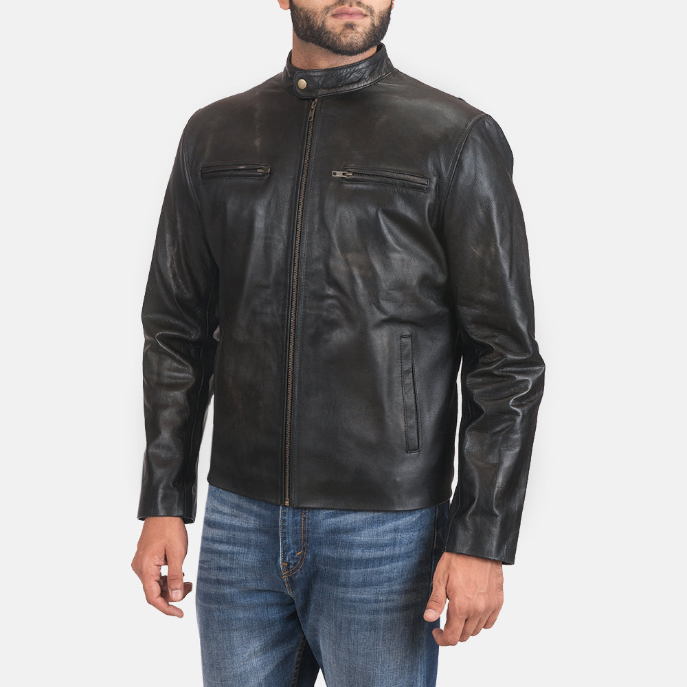 Rustic Black Leather Biker Jacket - men's jacket in black sheepskin leather, view 2