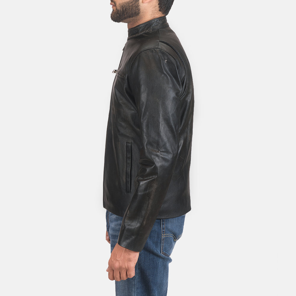 Rustic Black Leather Biker Jacket - men's jacket in black sheepskin leather, view 3