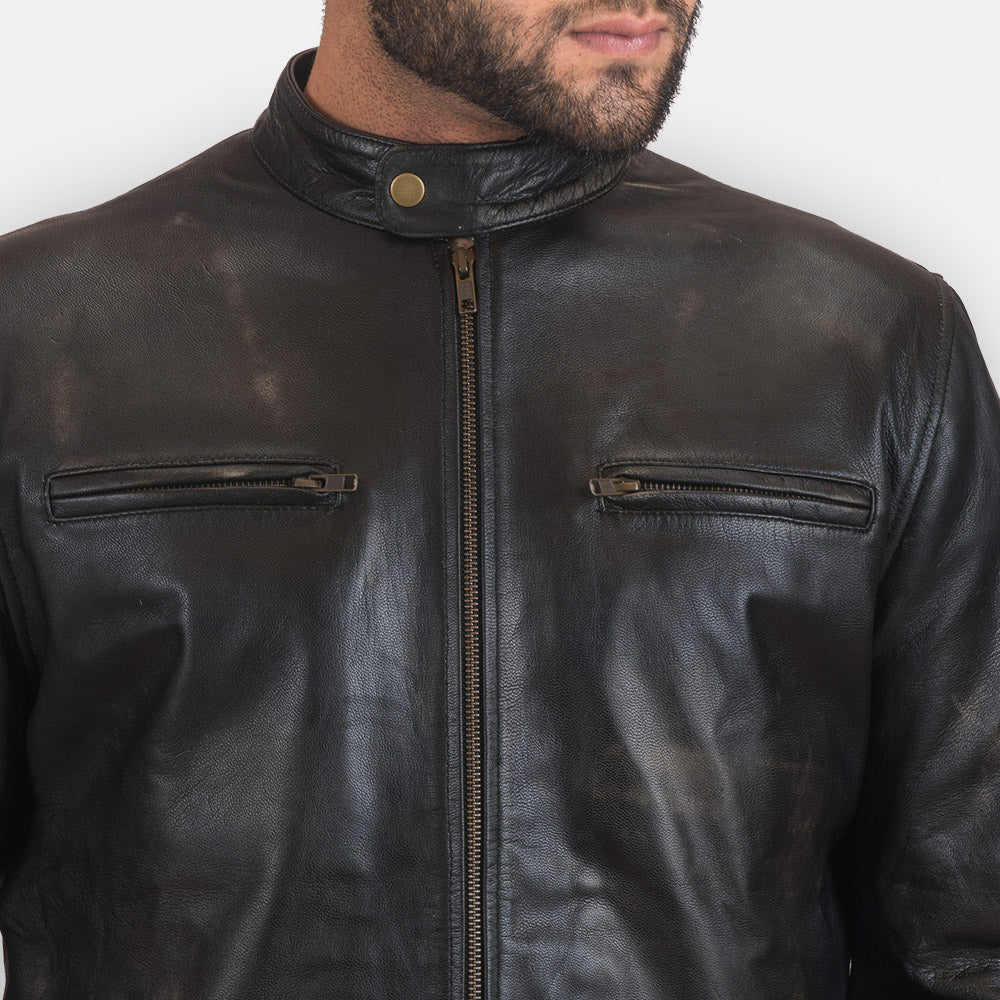 Rustic Black Leather Biker Jacket - men's jacket in black sheepskin leather, view 4
