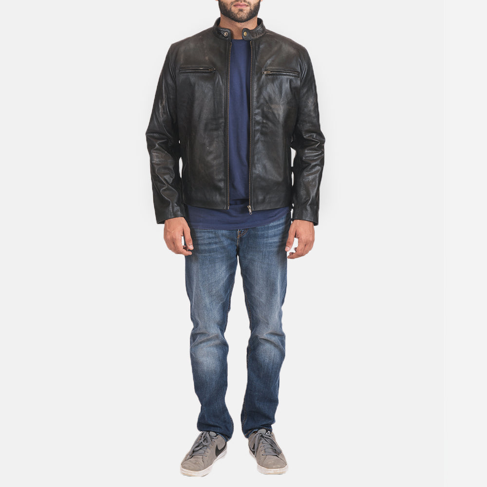 Rustic Black Leather Biker Jacket - men's jacket in black sheepskin leather, view 6