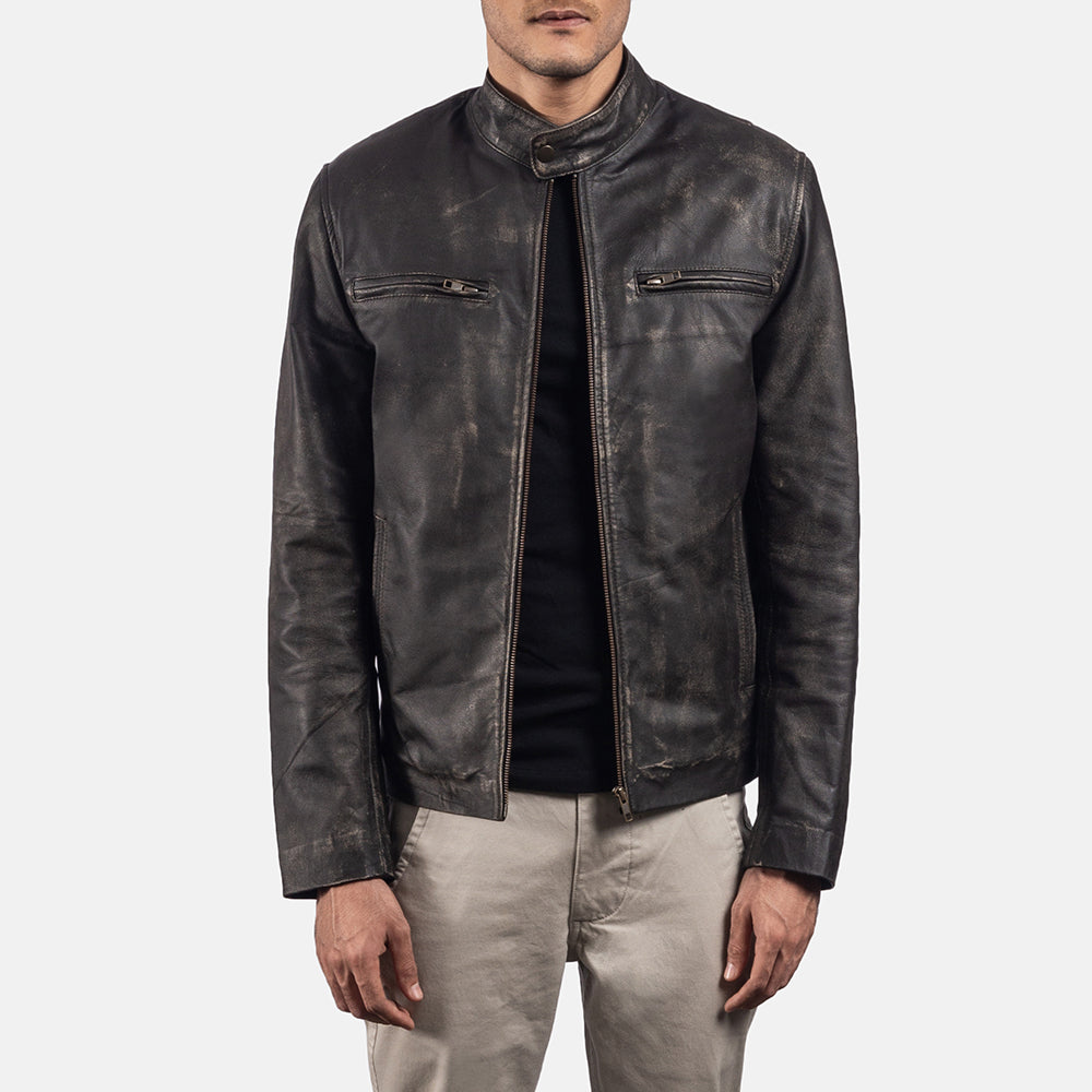 Rustic Brown Leather Biker Jacket - men's jacket in brown cowhide leather, view 1