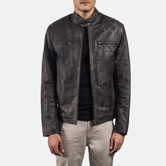 Rustic Brown Leather Biker Jacket - men's jacket in brown cowhide leather, view 1