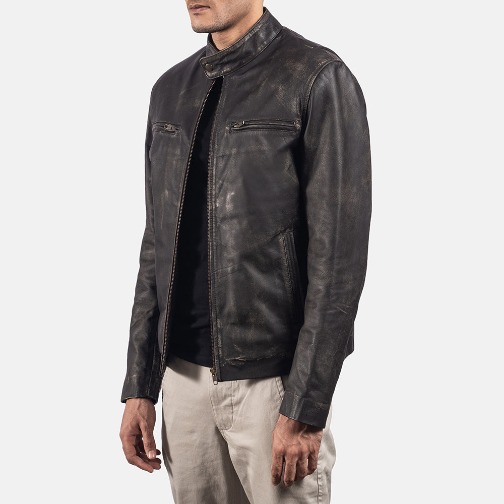 Rustic Brown Leather Biker Jacket - men's jacket in brown cowhide leather, view 2
