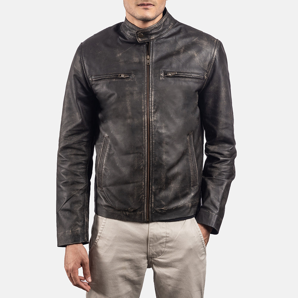 Rustic Brown Leather Biker Jacket - men's jacket in brown cowhide leather, view 3