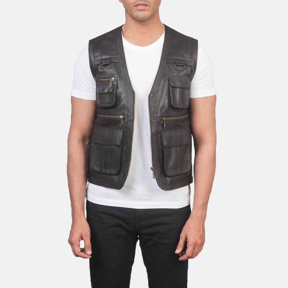 Safari Brown Leather Vest - men's vest in brown sheepskin leather, view 1