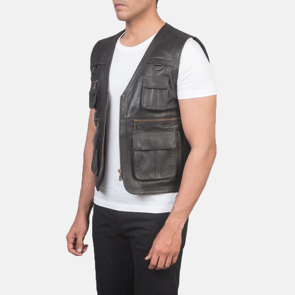 Safari Brown Leather Vest - men's vest in brown sheepskin leather, view 2