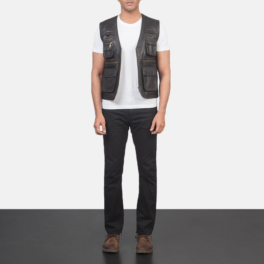 Safari Brown Leather Vest - men's vest in brown sheepskin leather, view 3