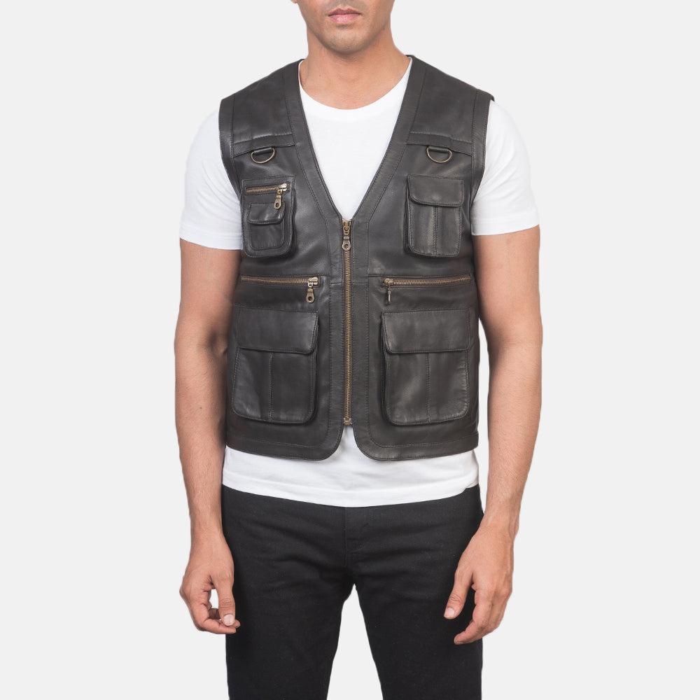 Safari Brown Leather Vest - men's vest in brown sheepskin leather, view 4