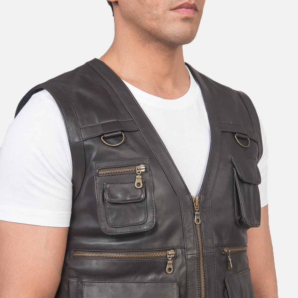 Safari Brown Leather Vest - men's vest in brown sheepskin leather, view 6