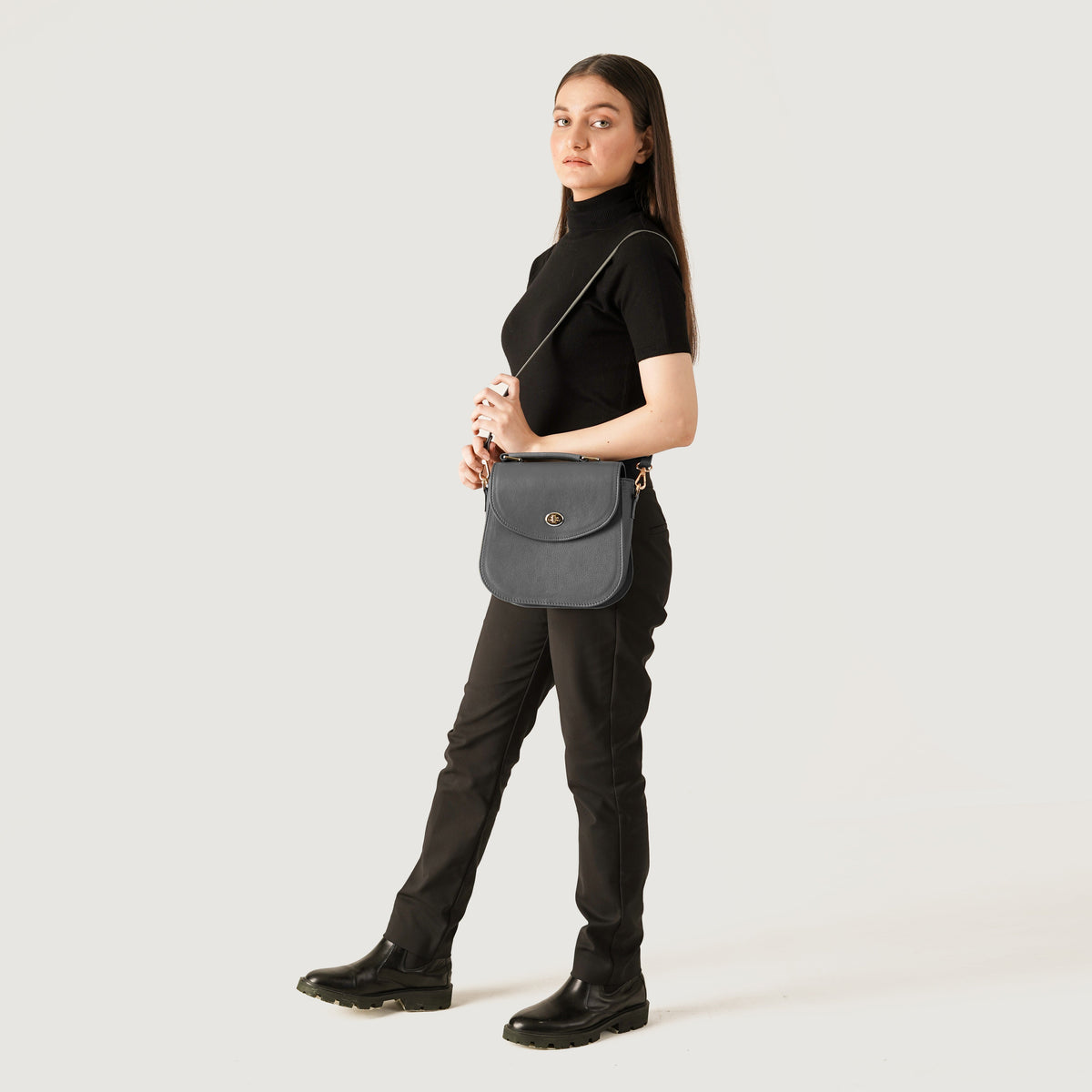 Brex Sandra Grey Leather Saddle Bag - grey leather saddle bag, view 8