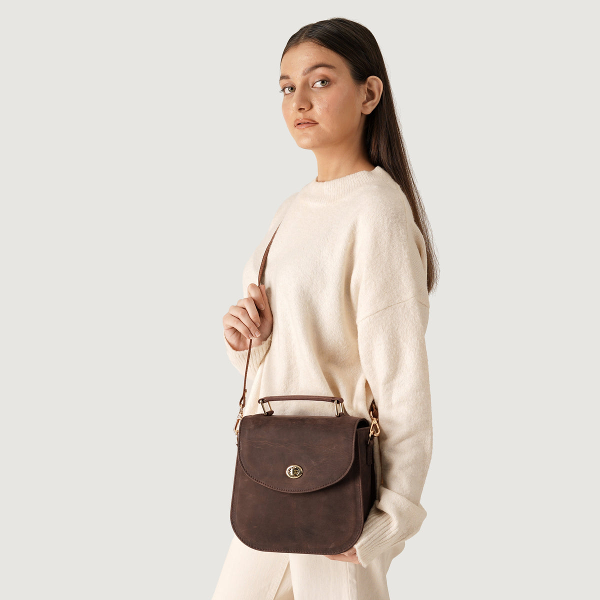 Brex Sandra Vintage Distressed Brown Leather Saddle Bag - brown leather vintage distressed saddle bag, view 9
