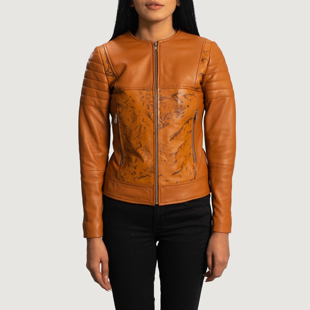 Sandy Tan Dye Leather Biker Jacket - women's jacket in tan sheepskin leather, view 1