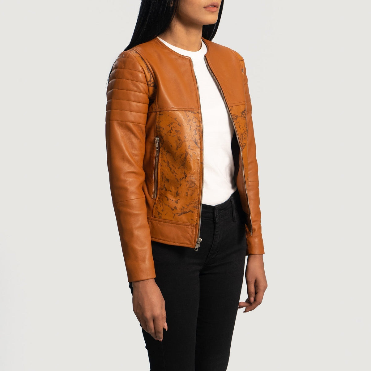 Sandy Tan Dye Leather Biker Jacket - women's jacket in tan sheepskin leather, view 2