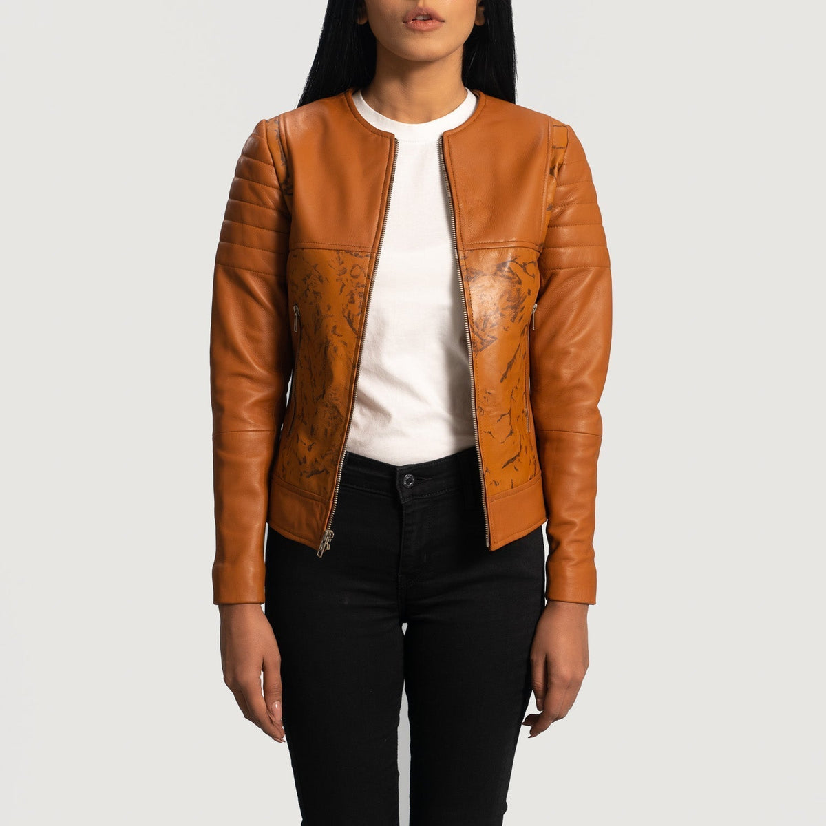 Sandy Tan Dye Leather Biker Jacket - women's jacket in tan sheepskin leather, view 3