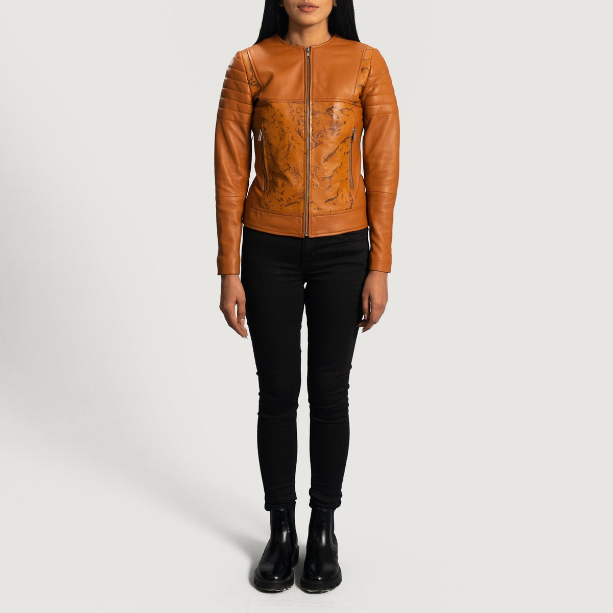 Sandy Tan Dye Leather Biker Jacket - women's jacket in tan sheepskin leather, view 4