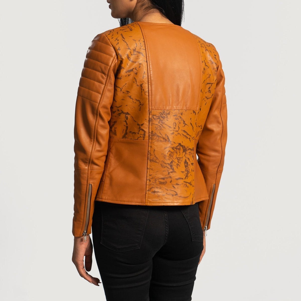Sandy Tan Dye Leather Biker Jacket - women's jacket in tan sheepskin leather, view 6