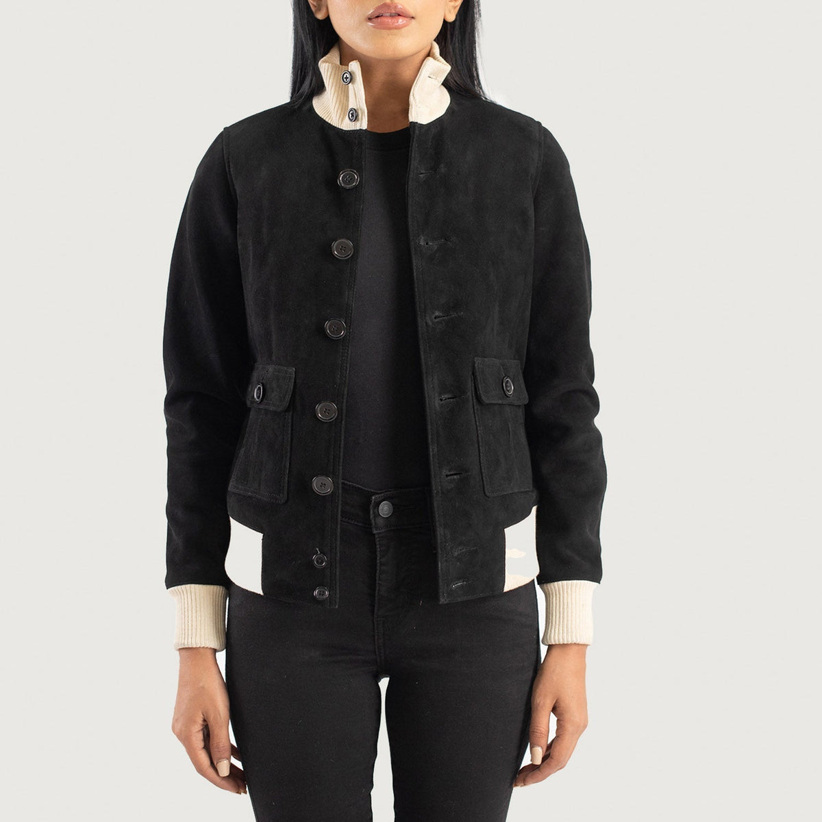 Sasha A1 Black Suede Bomber Jacket - women's jacket in black suede leather, view 1