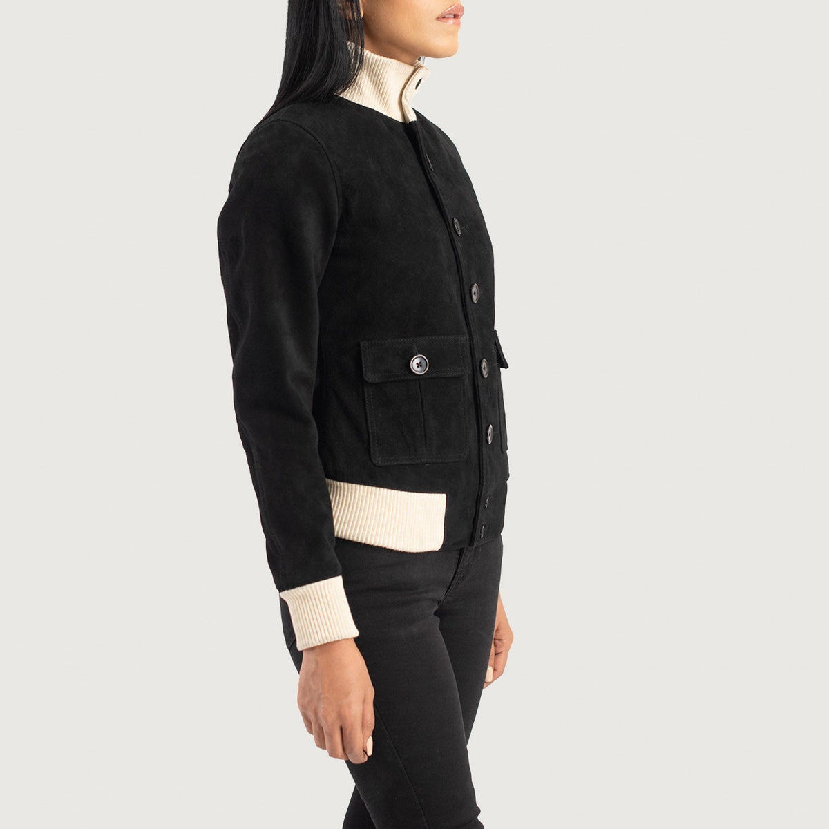 Sasha A1 Black Suede Bomber Jacket - women's jacket in black suede leather, view 2