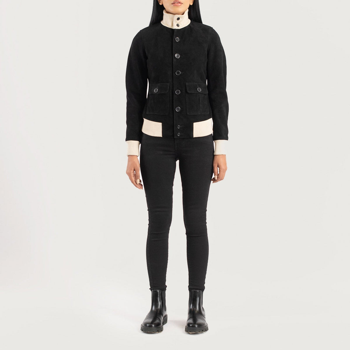 Sasha A1 Black Suede Bomber Jacket - women's jacket in black suede leather, view 3