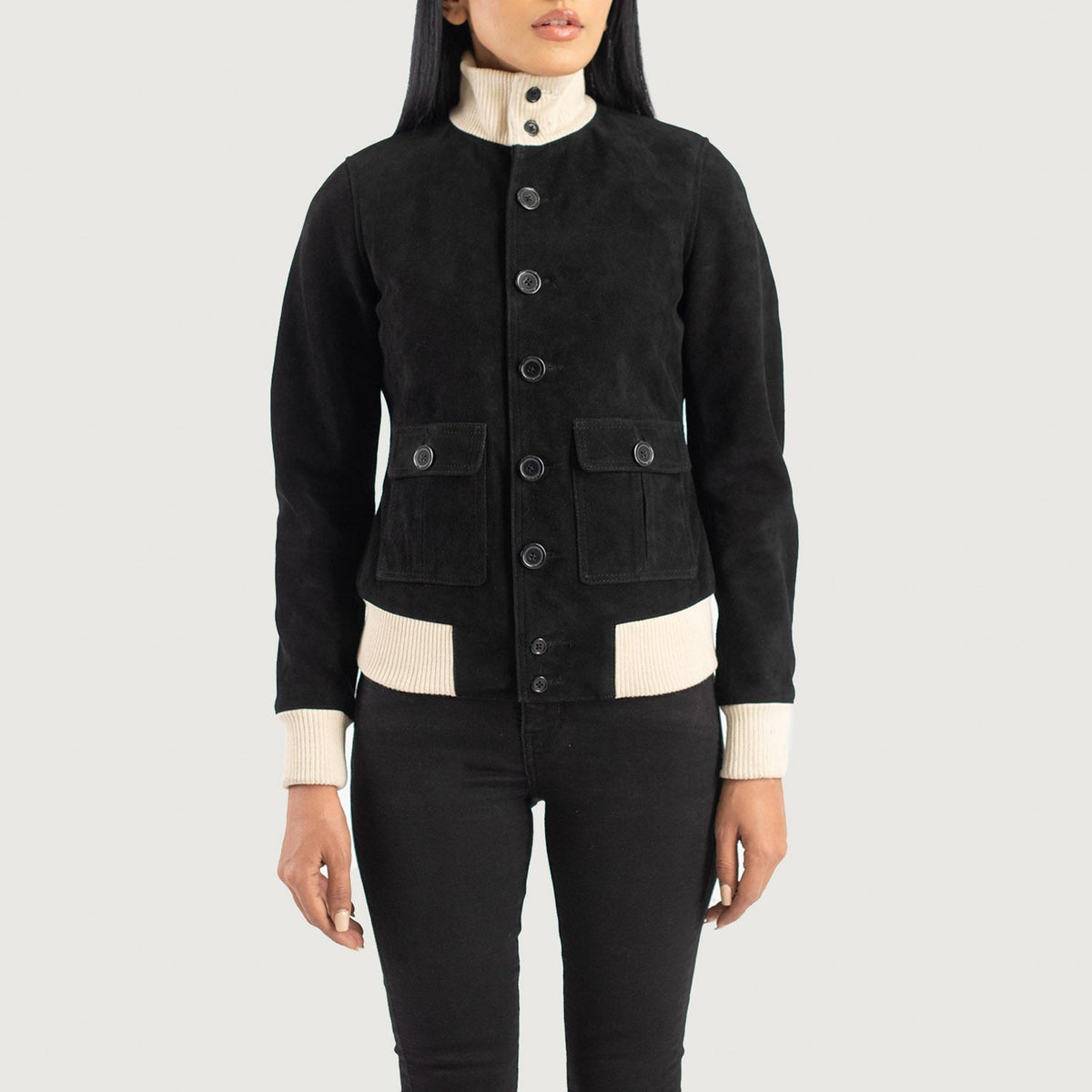 Sasha A1 Black Suede Bomber Jacket - women's jacket in black suede leather, view 4