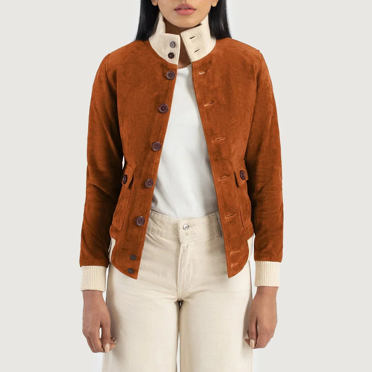 Brex Sasha A1 Brown Suede Bomber Jacket - women's jacket in brown suede leather, view 1