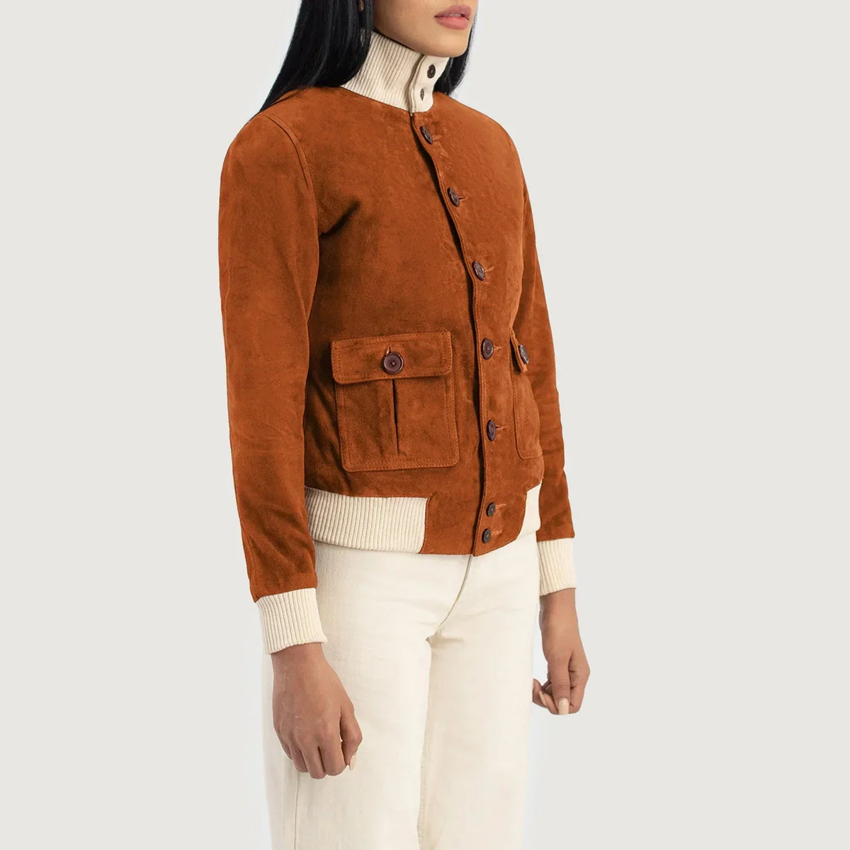 Brex Sasha A1 Brown Suede Bomber Jacket - women's jacket in brown suede leather, view 2