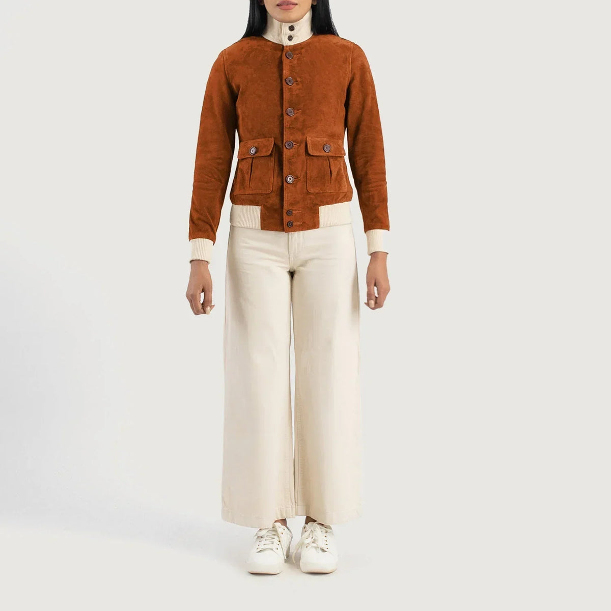 Brex Sasha A1 Brown Suede Bomber Jacket - women's jacket in brown suede leather, view 3