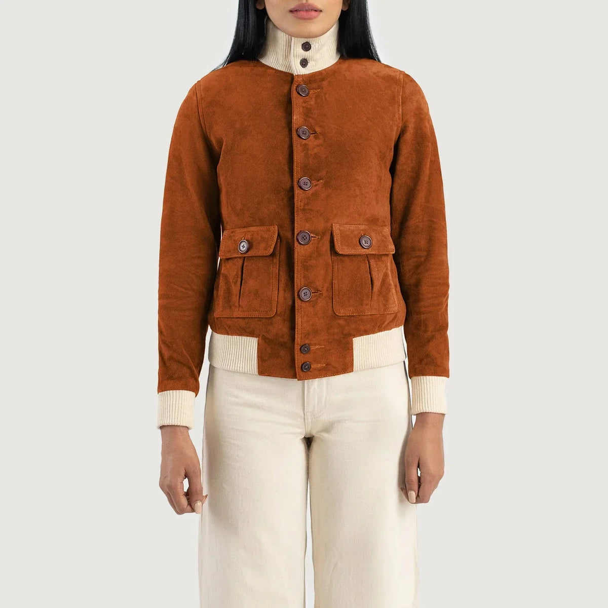 Brex Sasha A1 Brown Suede Bomber Jacket - women's jacket in brown suede leather, view 4