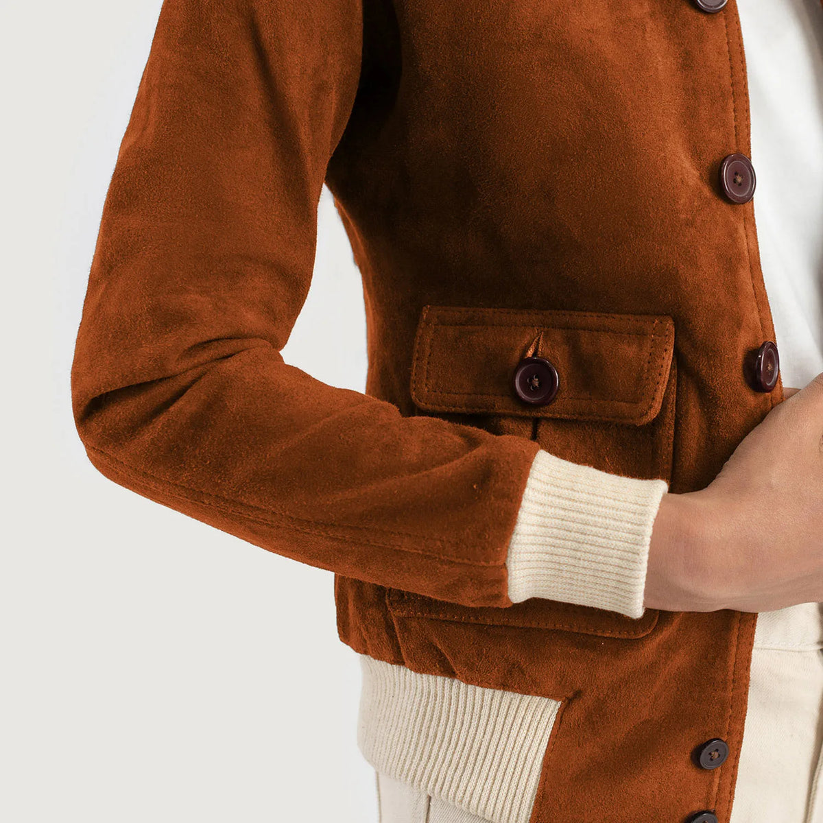 Brex Sasha A1 Brown Suede Bomber Jacket - women's jacket in brown suede leather, view 6
