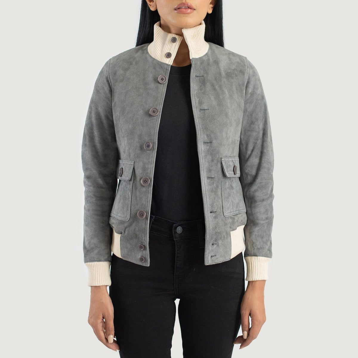 Sasha A1 Grey Suede Bomber Jacket - women's jacket in grey suede leather, view 1