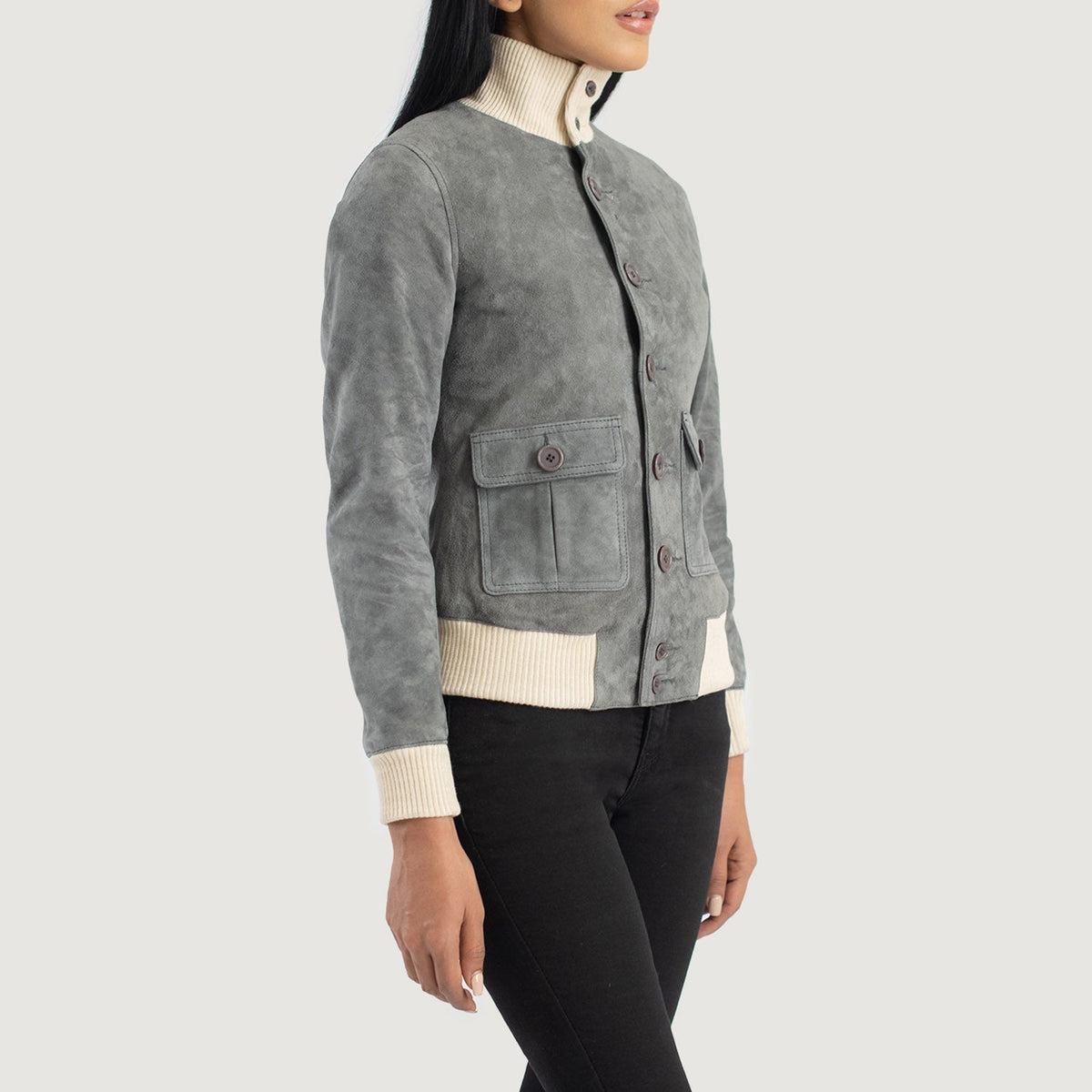 Sasha A1 Grey Suede Bomber Jacket - women's jacket in grey suede leather, view 2