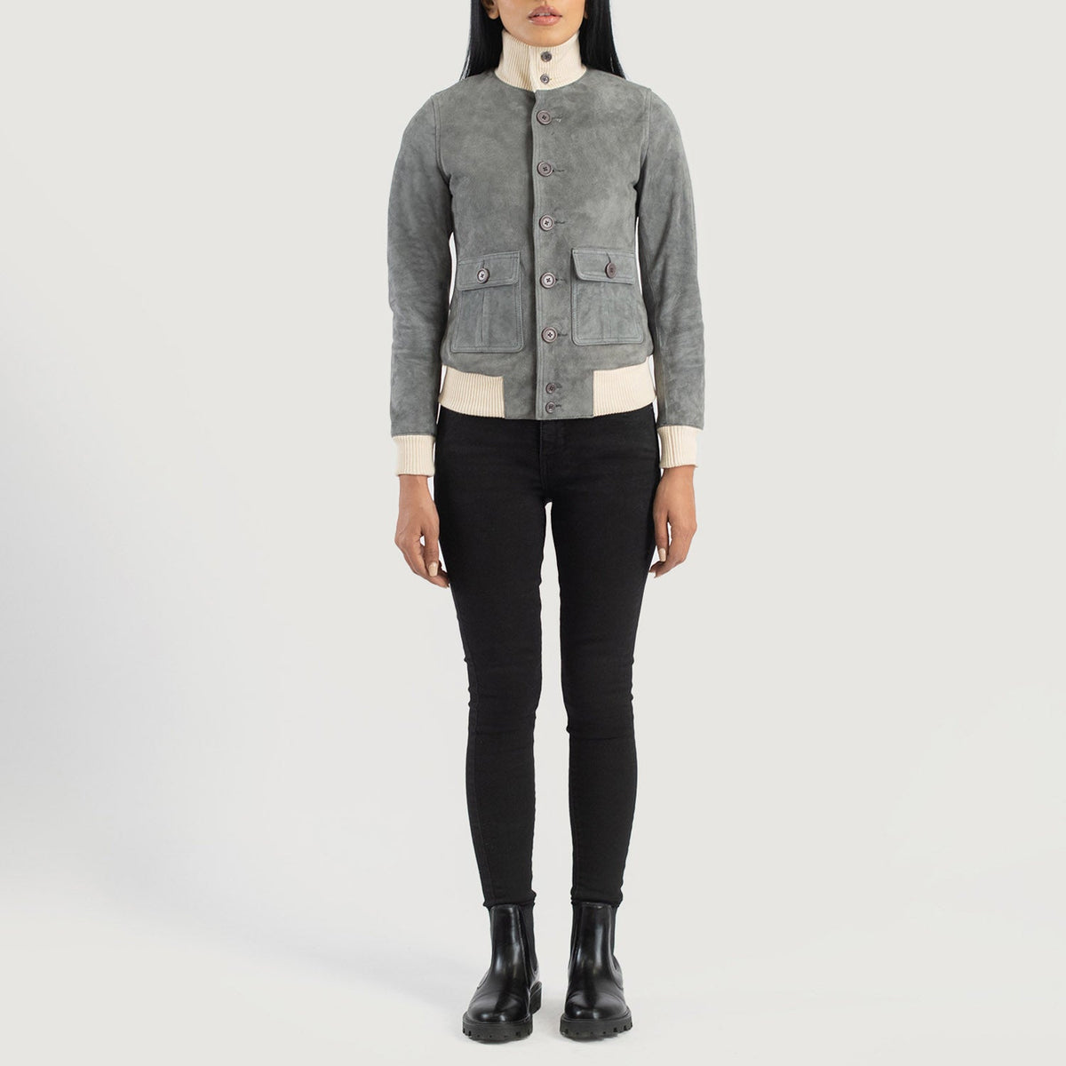Sasha A1 Grey Suede Bomber Jacket - women's jacket in grey suede leather, view 3