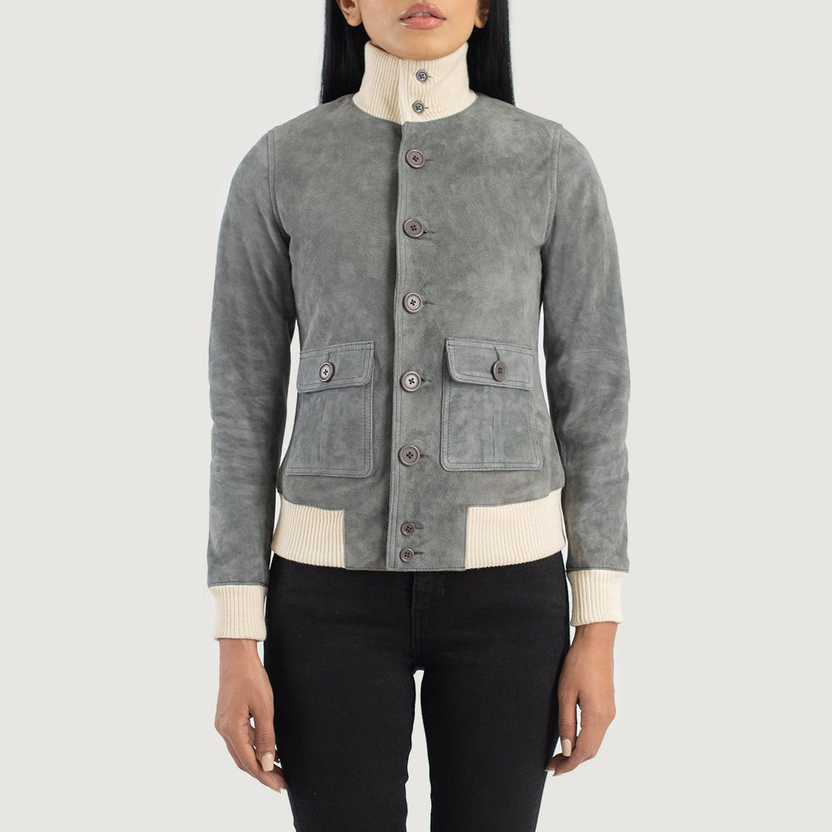 Sasha A1 Grey Suede Bomber Jacket - women's jacket in grey suede leather, view 4