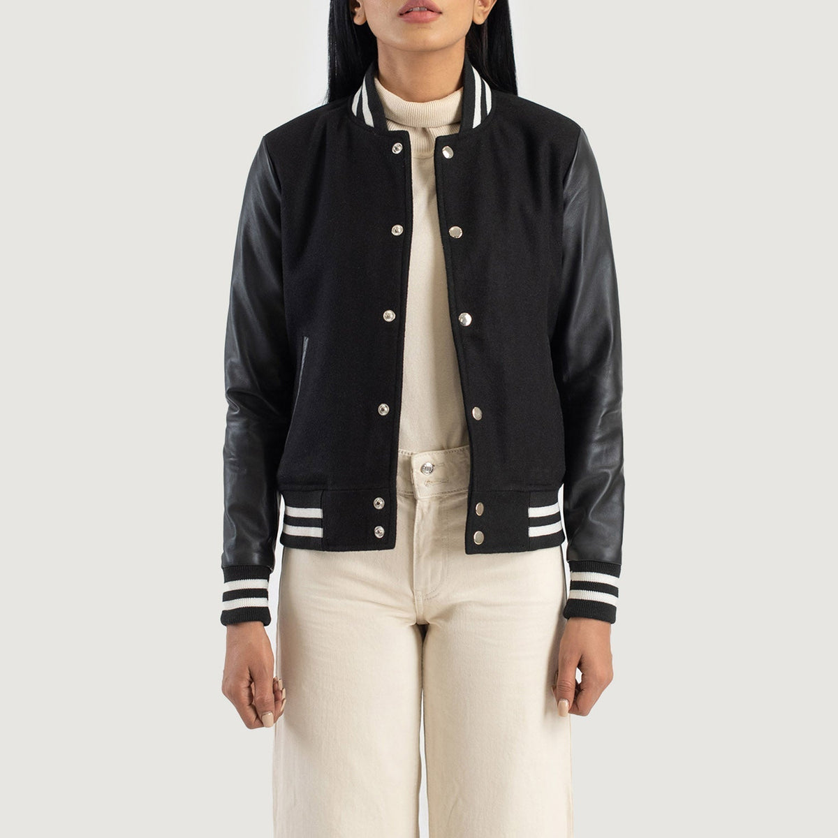 Brex Savant Black Hybrid Varsity Jacket - women's jacket in black sheepskin leather, view 1