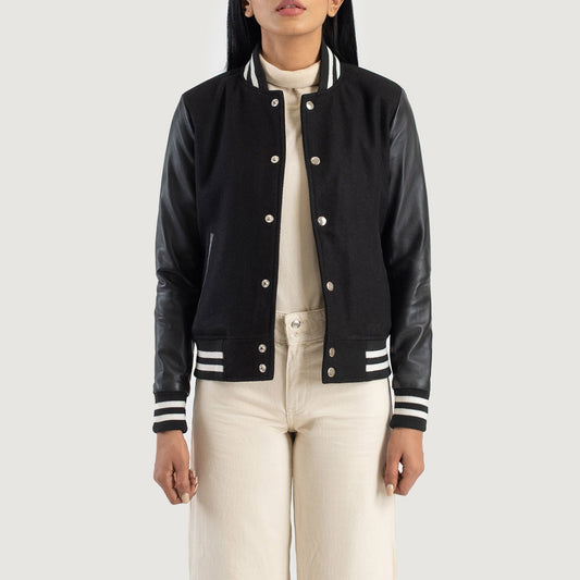Brex Savant Black Hybrid Varsity Jacket - women's jacket in black sheepskin leather, view 1