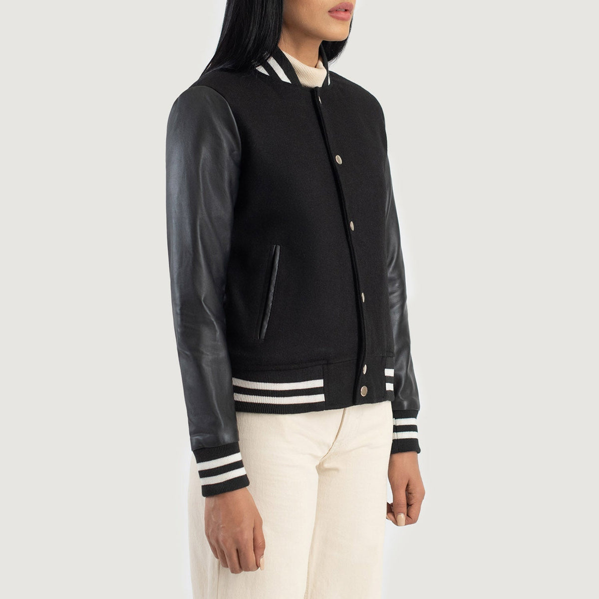 Brex Savant Black Hybrid Varsity Jacket - women's jacket in black sheepskin leather, view 2