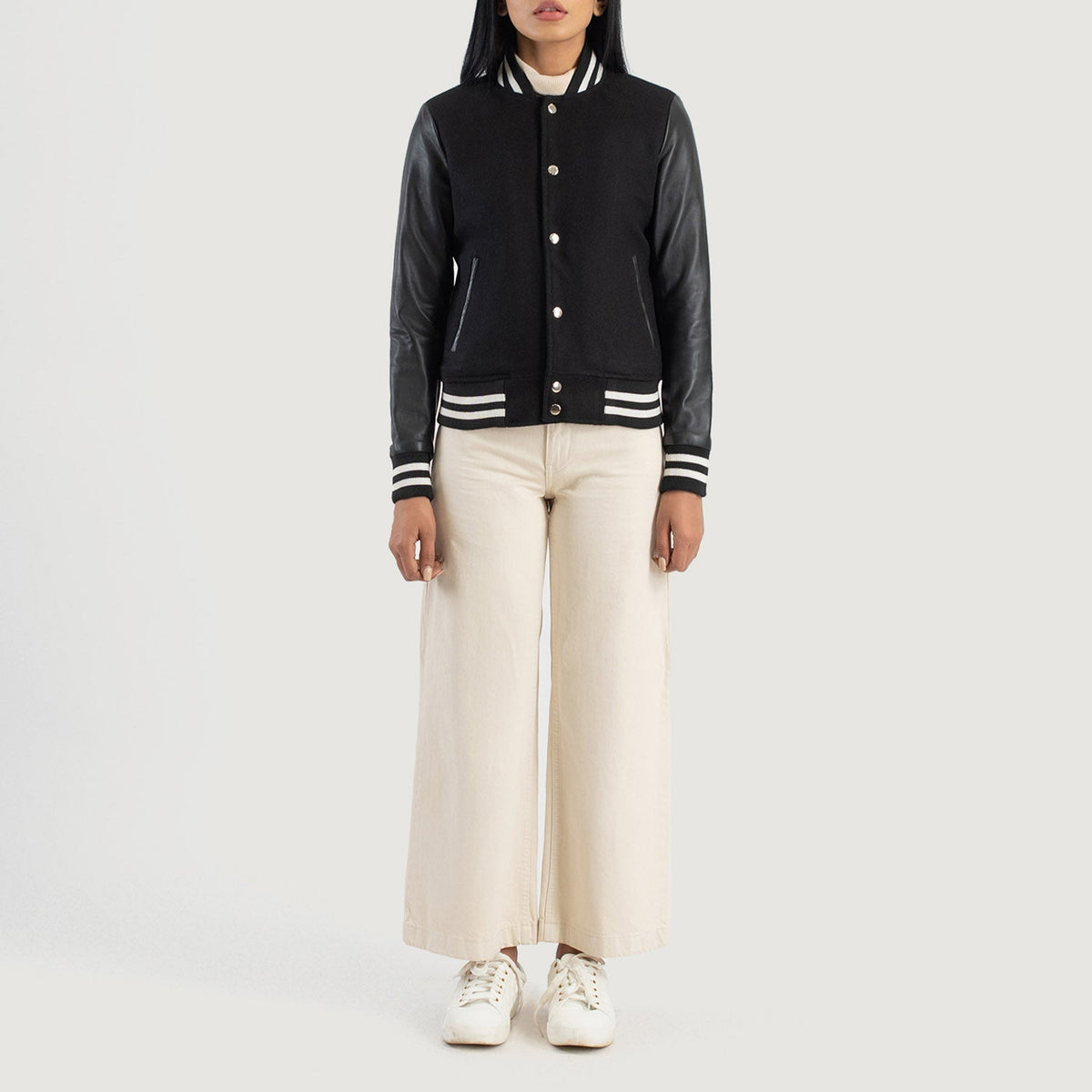Brex Savant Black Hybrid Varsity Jacket - women's jacket in black sheepskin leather, view 3